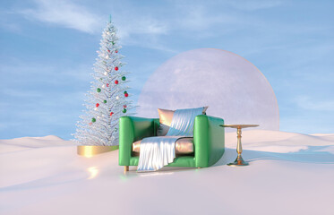 Poster - Abstract Winter Christmas scene with geometrical forms in natural day light. 3d render.