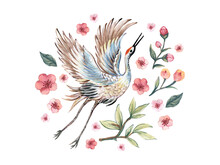 Colorful Asian Pink Flowers And Japanese Crane Bird Illustration Hand Drawing Traditional Folk Fashion Ornament Elements