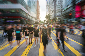 Wall Mural - blurred crowd unrecognizable pedestrians walking and traffic car over the crosswalk in mong kok area