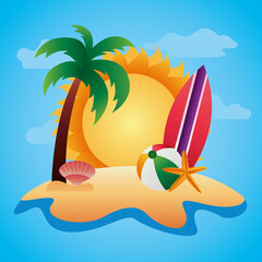 Sticker - hello summer season with sun and icons in beach scene