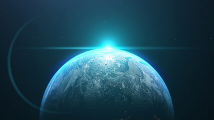 3D rendering of the planet Earth in the starry galaxy with bright blue light