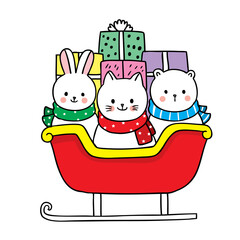 Wall Mural - Hand draw cartoon cute Merry Christmas, Animals and gift boxes in sledding vector.