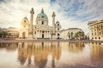 Fototapete - Picturesque view of famous Saint Charles Church, Vienna, Austria.