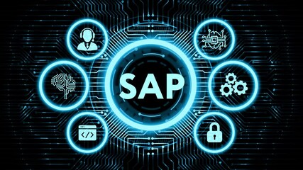 SAP System Software Automation concept on virtual screen data center. Business, modern technology, internet and networking concept.