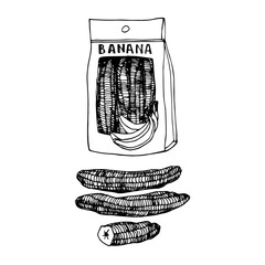 Wall Mural - packaged dried bananas, delicious food, sweet fruits, vector illustration with black ink contour lines isolated on a white background in a doodle and hand drawn style