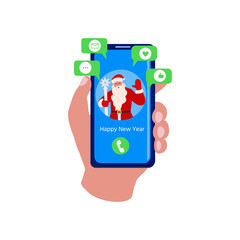 Happy smiling Santa Claus chatting online by mobile app. Internet messenger, communication remotely. Vector illustration for poster, card, web page, banner with merry Christmas and New Year