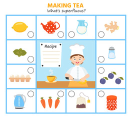 Wall Mural - Game for kids. Making tea. What's superfluous?  Preschool worksheet activity. Children funny riddle entertainment for the development of logical thinking