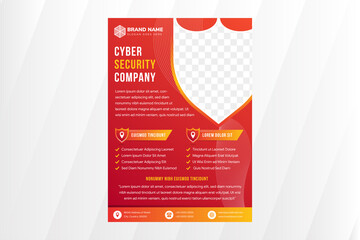Wall Mural - Flyer template design for cyber security company use vertical template. Shield shape for photo space. transparency white of line pattern element use wavy style. red orange gradient for background.