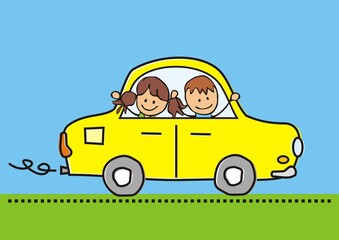 Wall Mural - Girl and boy at car, color vector funny illustration on blue background