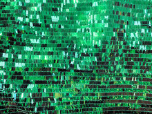 Rectangular Green Sequined Fabric Texture - Shiny Green Sparkling Sequins Background. Festive, Carnival Or Fashion Background Concept. Luxury Textile Design. Copyspace For Your Text