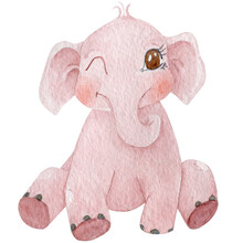 Cute Baby Elephant Sitting And Winking Watercolor Illustration. Children Illustration Character. Hand Painted Pink Elephant Isolated On White Background.