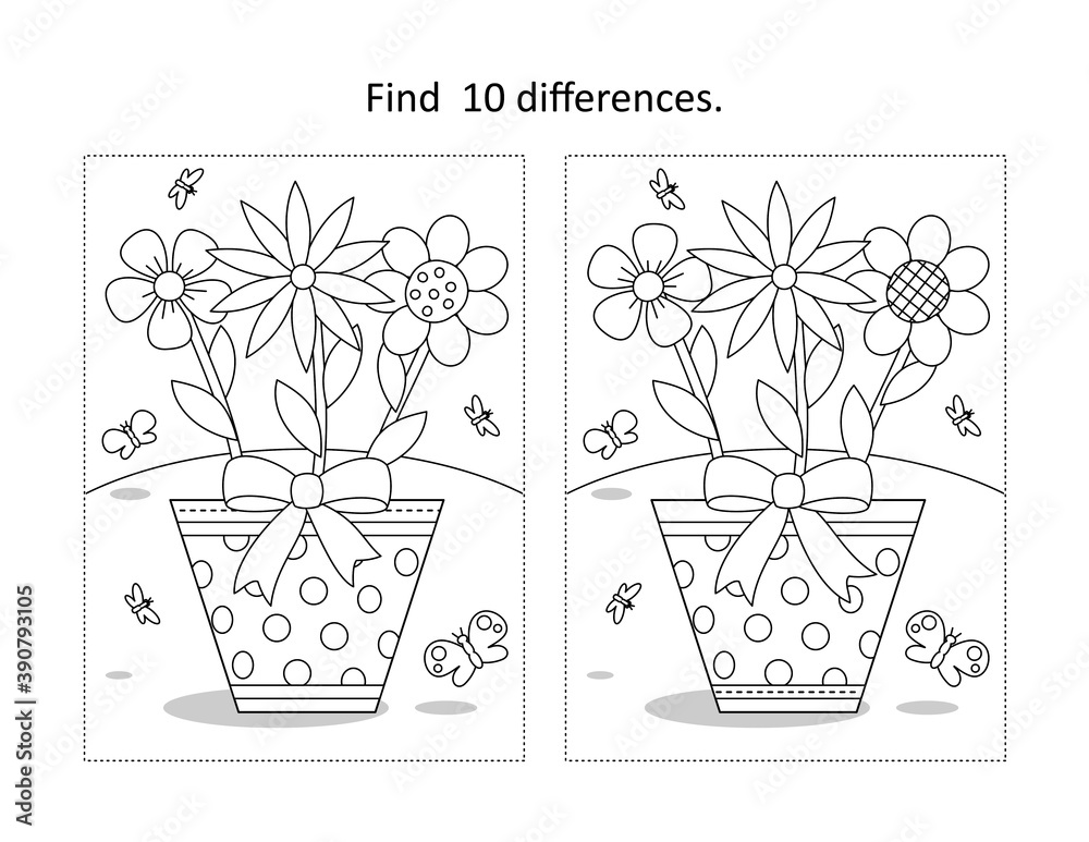 Find 10 differences visual puzzle and coloring page with three ...
