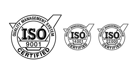 Wall Mural - ISO 9001 certified stamp in 3 versions - year 2000, 2008 and 2015 - quality management system international standard emblem with check mark - isolated vector sign