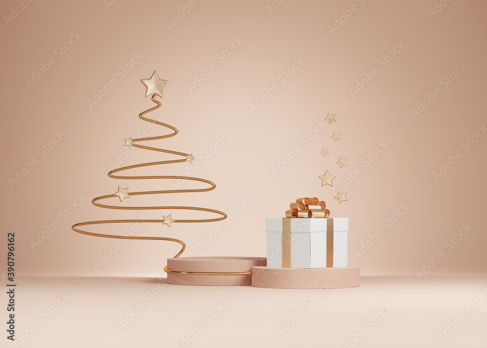 3D Christmas background. Beige podium, display set with gift box and ...