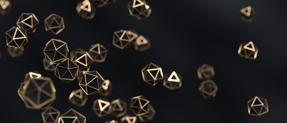 Poster - Abstract golden polyhedron particles background. 3d rendering - illustration.