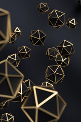 Poster - Abstract golden polyhedron particles background. 3d rendering - illustration.