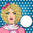 Retro curly hair blond woman with think bubble for your text pop art comic style vector illustration, glamorous emo girl wondering