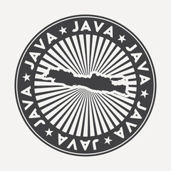  Java round logo. Vintage travel badge with the circular name and map of island, vector illustration. Can be used as insignia, logotype, label, sticker or badge of the Java.