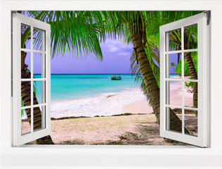 Wall Mural - view from open window tropical landscape with ocean