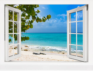 Wall Mural - view from open window tropical landscape with ocean