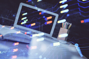 double exposure of desktop computer and technology theme hologram. concept of software development.
