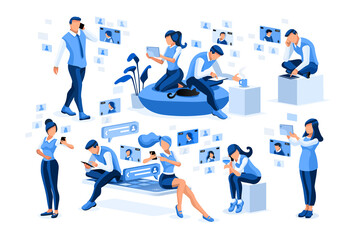Conversations, girl message to boy friend using phone. Friends on smartphones female conversation message to a young boy. Female and male characters, cartoon collection flat vector illustration.
