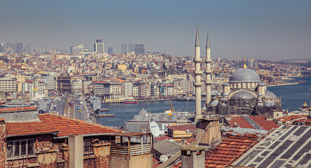 Wall Mural - Touristic sightseeing ships in Golden Horn bay of Istanbul and view on Suleymaniye mosque with Sultanahmet district against blue sky and clouds