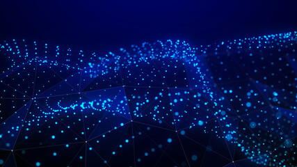 Poster - Abstract wave of many points. Network of lines, points and triangles. Futuristic background illustration. Dust particles. 3d rendering