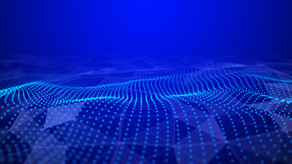 Poster - Abstract wave of many points. Network of lines, points and triangles. Futuristic background illustration. Dust particles. 3d rendering