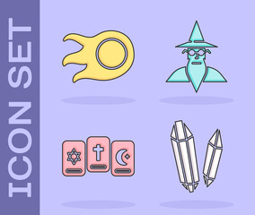 Sticker - Set Magic stone, Fireball, Three tarot cards and Wizard warlock icon. Vector.