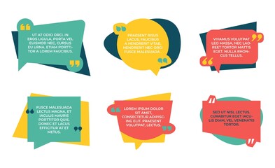 Aufkleber - Quotation box. Quote colorful shapes, speech bubbles with place for text. Frame for comments, round and square forms with copy space. Red, yellow and green boxes for lettering, vector isolated set