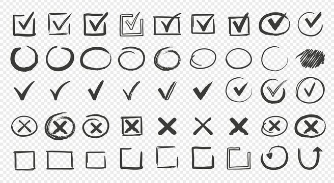 Wall Mural - Hand drawn check signs. Doodle checkmarks and crosses. Empty and filled boxes for answers in test, confirmation or negation icons. Checklist pencil marks template, vector voting isolated flat set