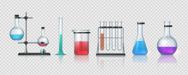 Aufkleber - Laboratory equipment. 3D realistic chemistry lab measuring glassware. Collection of test tubes and flasks with colorful liquid. Metal holders and bottles on transparent background, vector science set