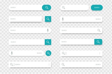 Poster - Search bar. Collection of input lines with find buttons, magnifier and microphone icons. Browser interface option, web site or mobile application element on transparent background. Vector template set