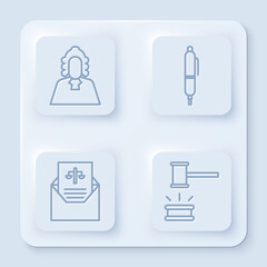 Wall Mural - Set line Judge, Pen, Subpoena and Judge gavel. White square button. Vector.