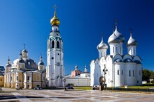 VOLOGDA, RUSSIA - AUGUST 21, 2015. Saint Sophia Orthodox Cathedral And Church Of Resurrection Of Jesus In A Sunny Summer Day Against Blue Clear Sky In Vologda Kremlin.