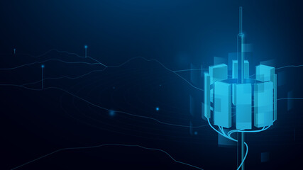 Poster - telecommunication network above city, radio tower, wireless mobile internet technology, connecting n
