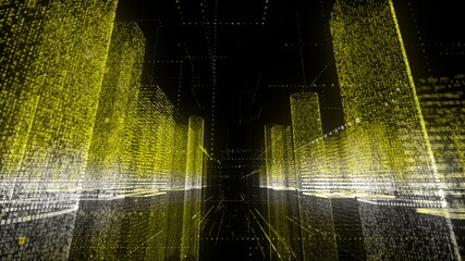 Wall Mural - Moving through the yellow and white colored model of digital city contained of random numbers and symbols on black background. Business, communications or digital tech concept. 3d rendering 4k video