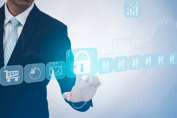 Poster - Businessman Touching in graph Screen Icon of a media screen, Technology Process System Business concept.