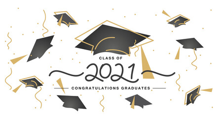 Wall Mural - Class of 2021 handwritten typography lettering Congratulations graduates line design gold black cap white isolated background vector