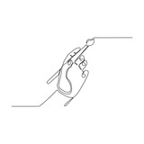 Fototapeta Koty - continuous line drawing hand holding painting brush. One line concept of creative artist work. Vector illustration