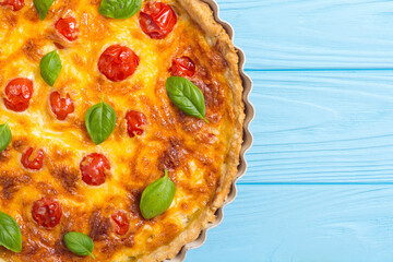 Canvas Print - Chicken Quiche lorraine with mushrooms , tomatoes and cheese