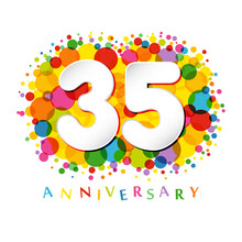 35 Th Anniversary Numbers. 35 Years Old Coloured Congrats. Cute Congratulation Concept. Isolated Abstract Graphic Design Template. White Digits. Up To 35%, -35% Percent Off Discount. Decorative Sign.