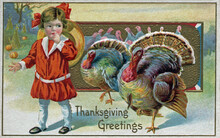 Girl In Red Dress With Two Turkys. Vintage Thanksgiving Theme Postcard, Restored Artwork, Colors And Details Enhanced. Festive Autumn Illustrations From The Past. 800 Dpi