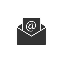 Poster - Open envelope black icon. Email silhouette outline sign. Business communication concept. Message black symbol. Vector illustration isolated on white.