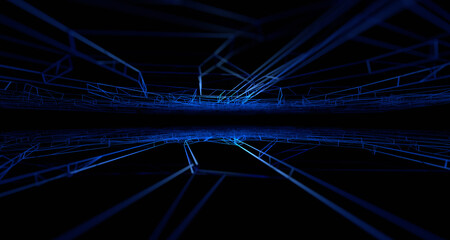 Poster - Abstract 3d render, background design with blue connected lines, network concept