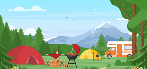 Summer camping vector illustration. Outdoor nature adventure, active tourism in summertime background. Cartoon flat tourist camp with picnic spot and tent among forest, mountain landscape on sunny day