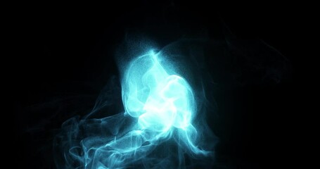 Poster - blue turquoise smoke and flames dancing on black background. fluid motion of smoke swirling in the d