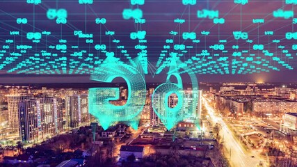 Poster - Smart city and communication network concept. 6G. IoT Internet of Things . Telecommunication. time lapse of evening city, beautiful cityscape