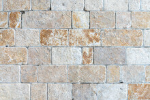Limestone Cobblestoned Pavement Background. Full Frame Of Regular Blocks In Rows. Natural Stone Textured Background
